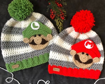 Mario/Luigi/kids winter hat/ winter cap/ beanie/ gift/ kids/ yoshi/ video game/ boys/ girls/character hat/kids gift/winter hat/pom pom hat/