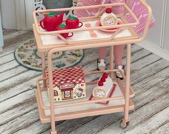 6th Scale Barbie Size Tea Cart Pink, Gold & Yellow