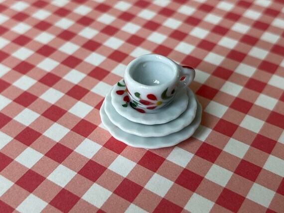 Dollhouse Miniature Red Floral Tea Cup & Place Setting
