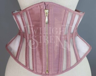 BESPOKE UNDERBUST CORSET / silk & sheer mesh waspie / zip front corset / steelboned waist training corset - Voluspa