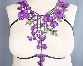 LACE body harness  lingerie / floral purple lace elastic strap harness / cage bralet