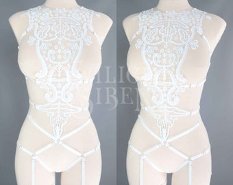 OFF WHITE / BRIDAL body harness playsuit /  lace cage lingerie