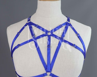 SAMPLE  SIZE // SMALL uk 8-10 // us 4-6 body harness lingerie / Talia royal blue elastic strap harness bra / frame cage lingerie