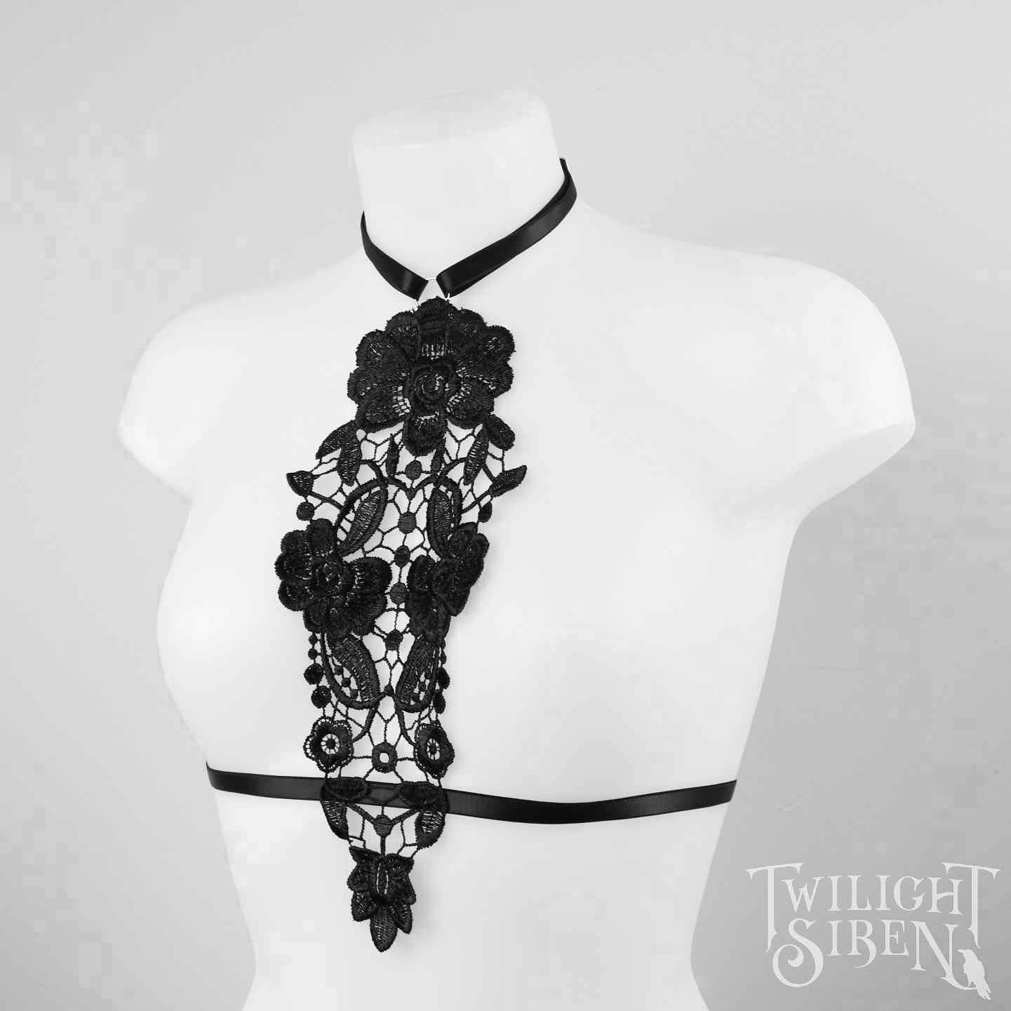 MEDIUM UK 12-18 ~ lace body harness / black lace harness bra / choker body  harness *last one*