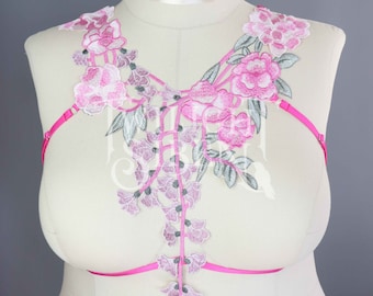 BRIGHT PINK LACE body harness  lingerie / floral pink lace elastic strap harness / cage bralet