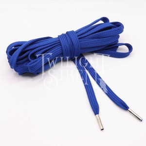 May include: A pair of royal blue shoelaces with silver aglets. The shoelaces are coiled together and the ends are separated.