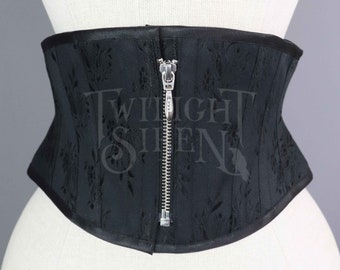 23 INCH waist corset, black tulip coutil waspie corset with silver zip front