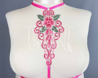 MEDIUM & LARGE UK 12-26 ~ lace body harness / pink Deysi lace harness bra / choker body harness