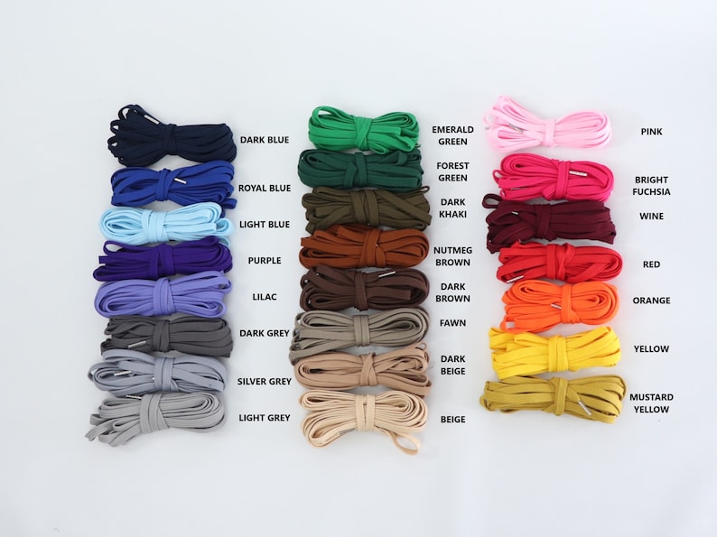 FLAT lacing for corsets with the ends finished with metal aglets colourchart - showing dark blue, royal blue, light blue,purple, lilac, dark grey, silver grey, light grey, emerald green, forest green, dark khaki, nutmeg brown, dark brown, fawn, beige