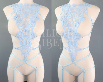 LACE BODY HARNESS playsuit / light blue lace cage lingerie