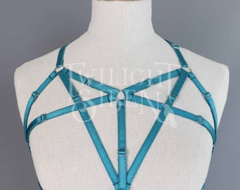 SAMPLE  SIZE // SMALL uk 8-10 // us 4-6 body harness lingerie / Talia teal petrol green elastic strap harness bra / frame cage lingerie