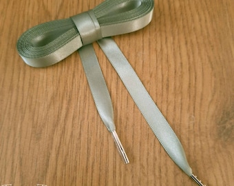 Satin ribbon corset lacing, 10mm/ 15mm /25mm double faced satin ribbon, gown dress lacing tipped with metal aglets  -SAGE GREEN