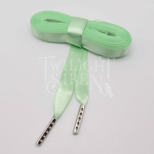 Satin ribbon corset lacing, 10mm/ 15mm double faced satin ribbon, replacement lacing, lacing tipped with metal aglets  - PEPPERMINT GREEN-
