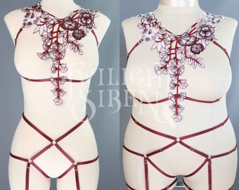 Wine red lace body harness set / floral lace harness / lace harness bra / harness brief