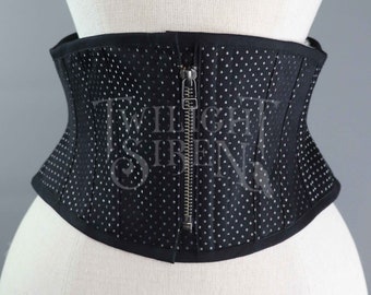 24.5 INCH waist corset black &  silver spot coutil zip front waspie corset