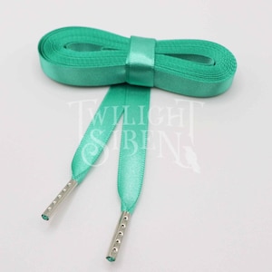 Satin ribbon corset lacing, 10mm/ 15mm double faced satin ribbon, replacement lacing, lacing tipped with metal aglets  -JADE GREEN-