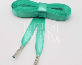 Cordón de corsé de cinta satinada, cinta satinada de doble cara de 10 mm/ 15 mm, cordones de reemplazo, cordones con puntas de herretes metálicos -JADE GREEN-