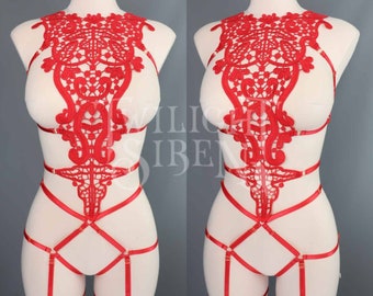 LACE BODY HARNESS playsuit / red lace cage lingerie