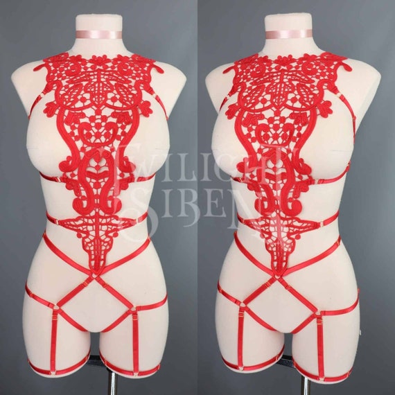 LACE BODY HARNESS Playsuit / Red Lace Cage Lingerie 