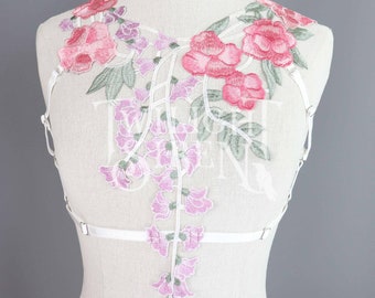 LACE body harness  lingerie / floral off white/ bridal  and pink lace elastic strap harness / cage bralet