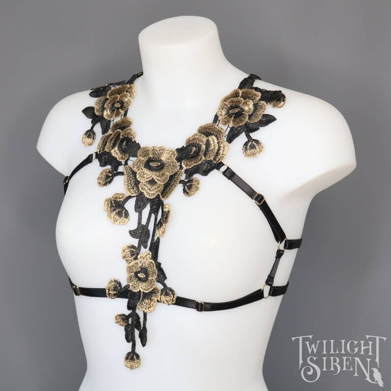 XS/S LACE body harness / gold floral lace harness bra last | Etsy