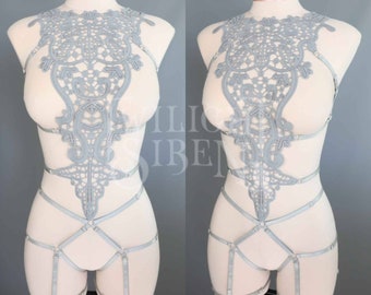 LACE BODY HARNESS playsuit / grey silver lace cage lingerie