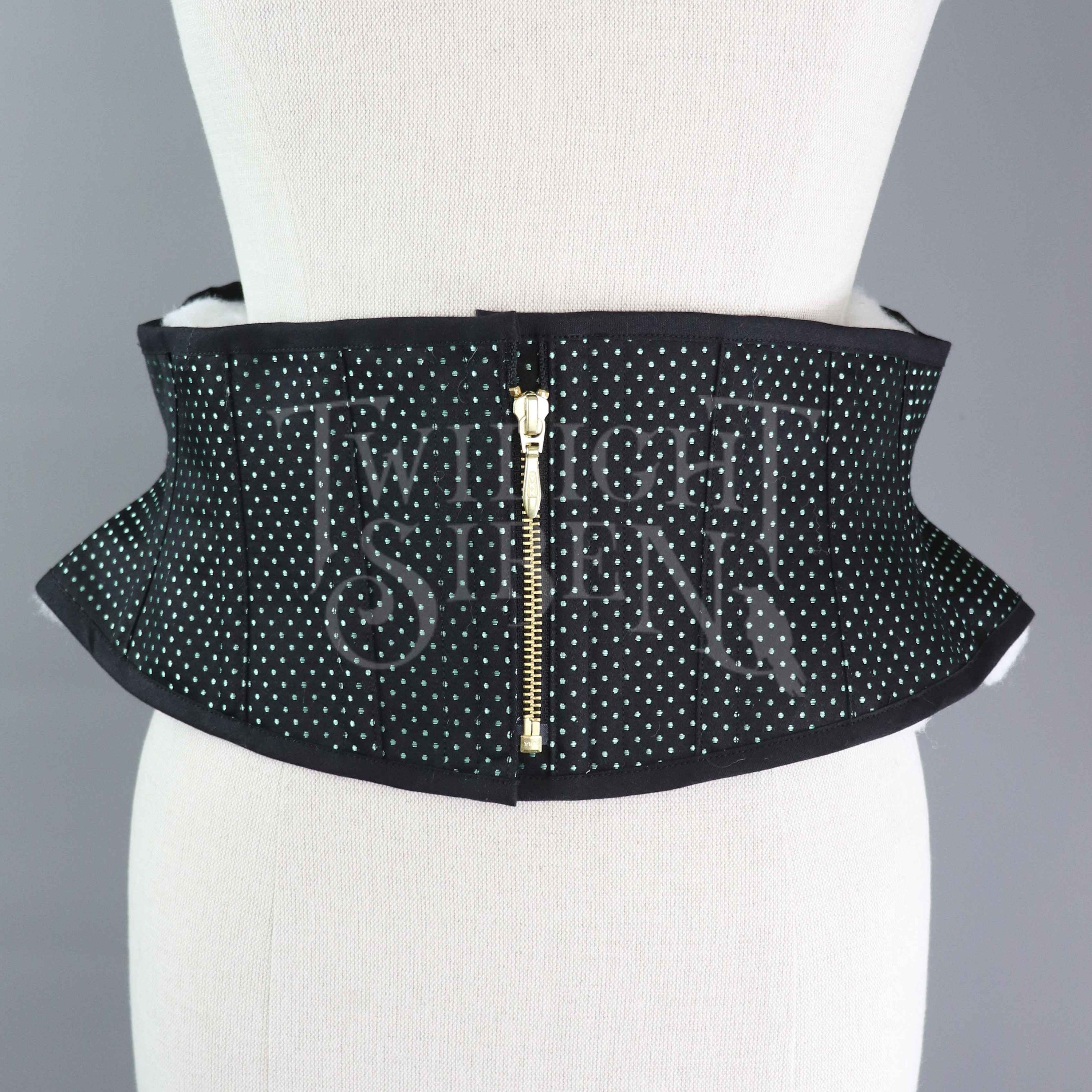 29 INCH Waist Corset Black & Green Spot Coutil Zip Front