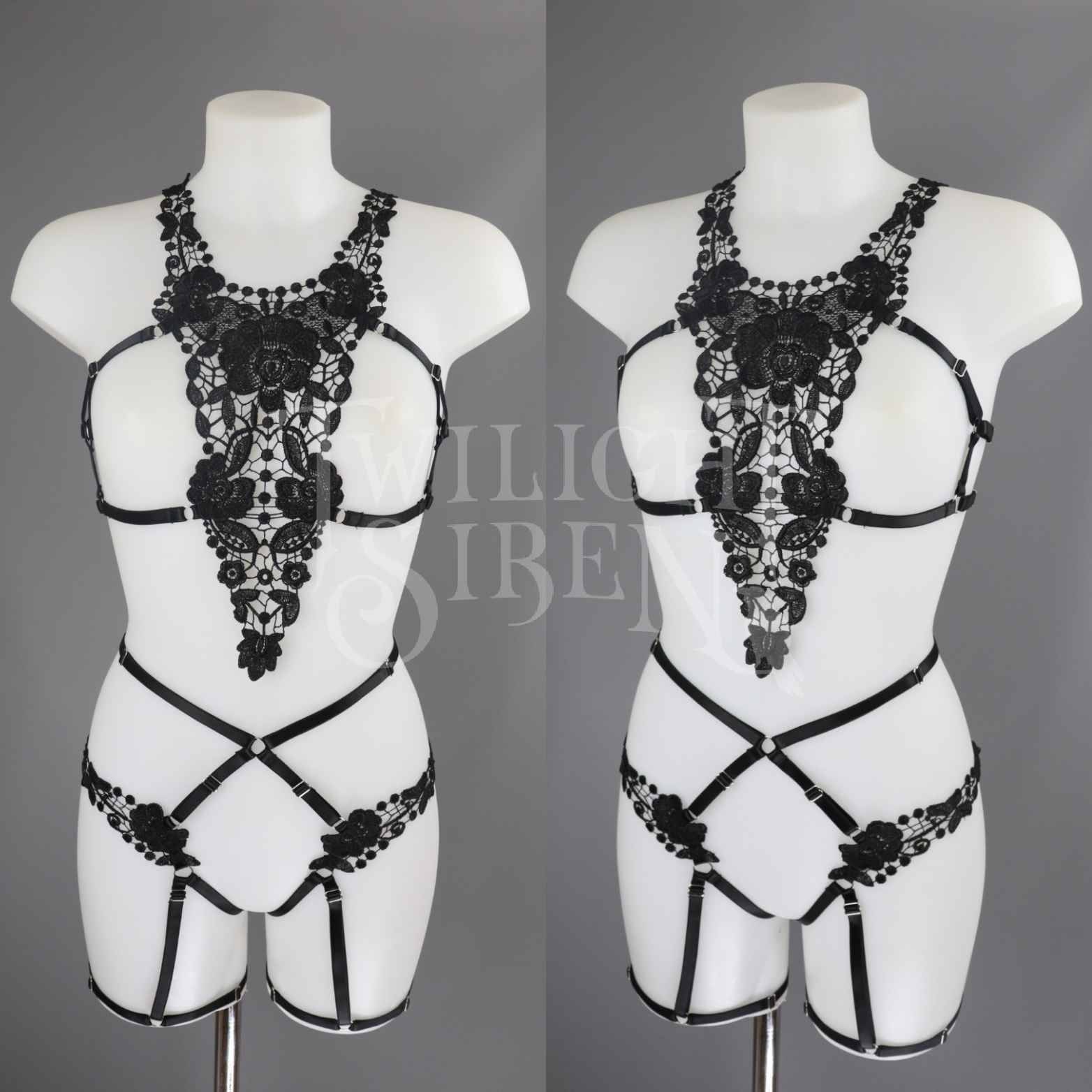 Lace Body Harness Set / Black Lace Lingerie Set / Lace Cage Bra