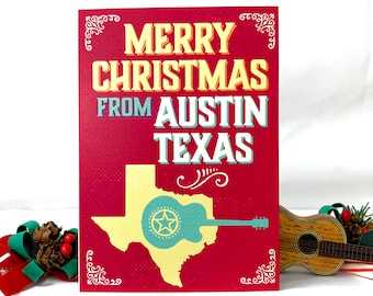 6 pack of Austin Texas Christmas Cards plus Free Guitar Sticker