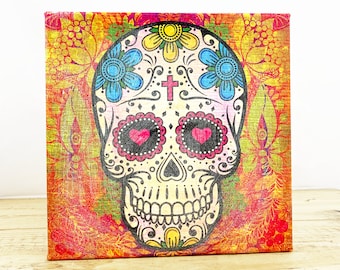 Glow In the Dark Sugar Skull  8" Canvas Retro Sign