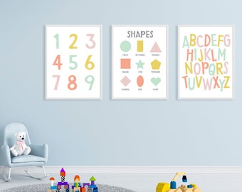 Educational Wall Art Set of 3 | ABCs, Alphabet, Numbers, Shapes | 8x10 Printable | Classroom Wall Art | Instant Download