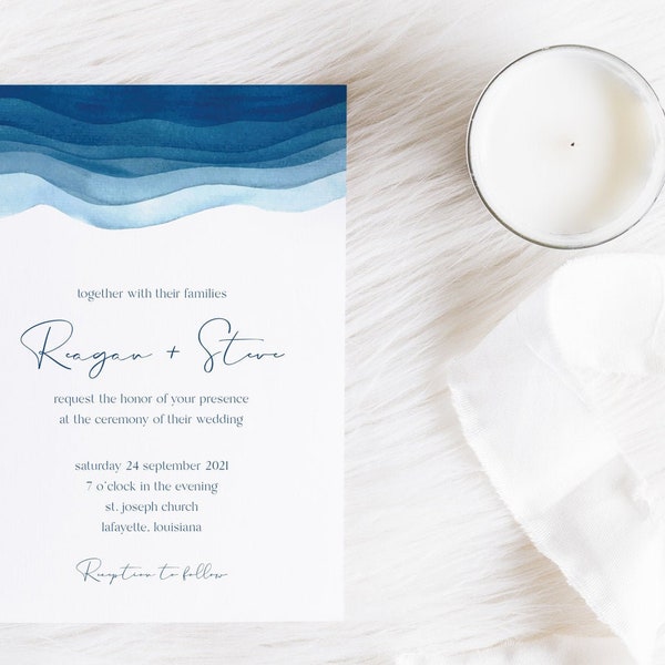 Blue Watercolor Waves Wedding Invitations | Destination Beach Wedding Invites | Printable Instant Download | Editable Template