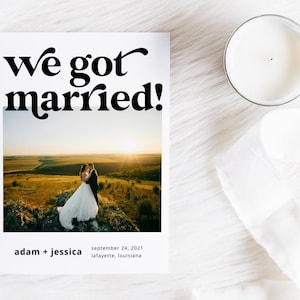 Bold Retro Elopement Announcement with Wedding Photo Card | We Got Married | Printable Instant Download | Editable Template