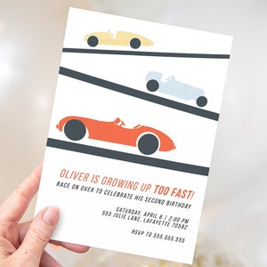 Retro Racecar Birthday Party Invitations | Boy Invites | Growing Up Too Fast | Two Fast | Printable Instant Download | Editable Template
