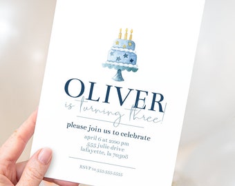 Watercolor Birthday Party Invitations | Blue Birthday Cake Invites  | Instant Download