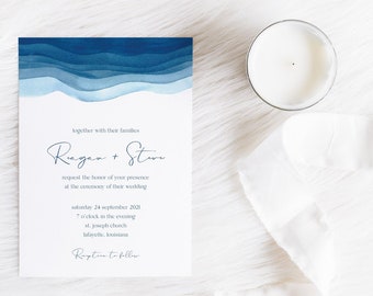 Blue Watercolor Waves Wedding Invitations | Destination Beach Wedding Invites | Printable Instant Download | Editable Template