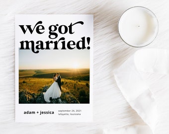 Bold Retro Elopement Announcement with Wedding Photo Card | We Got Married | Printable Instant Download | Editable Template