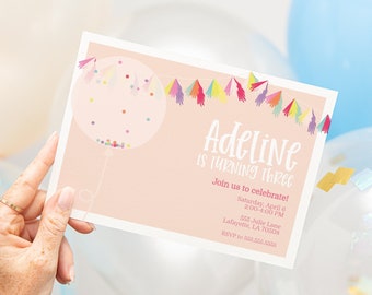 Coral Confetti Balloon Birthday Party Invitations | Printable Instant Download