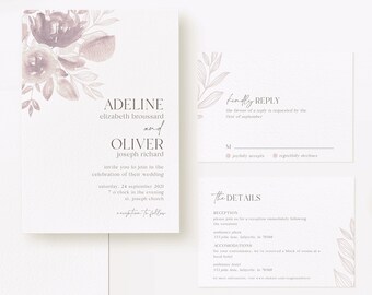 May include: Wedding invitation suite with a watercolor floral design in shades of purple and gray. The invitation features the names "Adeline" and "Oliver" with the date "September 2023". The RSVP card includes a "Kindly Reply" section with options for "Formally Accept" or "Regretfully Decline". The details card includes the text "The Details" and lists the reception location and time.