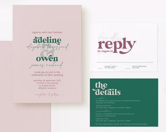 Pink and Green Wedding Invitation Suite | Invites, RSVP Reply Cards, and Details Card | Printable Instant Download | Editable Template