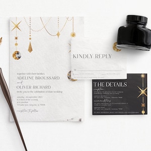 Suíte de convites de casamento celestial | Estrelas e Lua em Ouro e Aquarela | Download instantâneo para impressão | Modelo editável