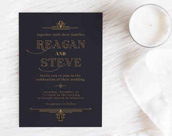May include: A navy blue wedding invitation with gold lettering. The invitation reads "together with their families Reagan and Steve invite you to join in the celebration of their wedding Saturday, December 31, 7 o'clock in the evening at Joseph Church in Lafayette reception to follow."