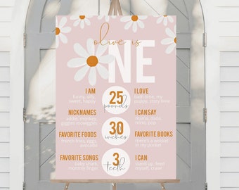 Retro Daisy First Birthday Milestone Stats | Pink Girl 1st Birthday Party Milestone Charts 18x24 | Printable Instant Download