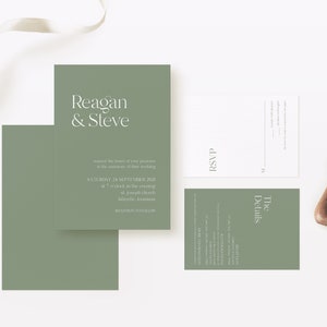 Sage Green Wedding Suite | Modern Minimalist Wedding Invites, reply card RSVP, Details Card | Printable Instant Download | Editable Template
