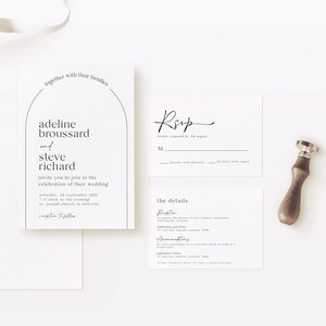 Elegante conjunto de arcos minimalistas para bodas, imprimible, con invitaciones editables y tarjetas RSVP