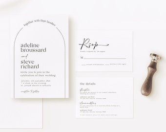 Schlichte Bogen-Hochzeits-Suite | Einladungsdetails RSVP Antwortkarte | Druckbare Instant Download | Editierbare Vorlage