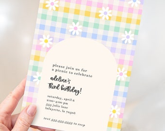 Daisy Gingham Birthday Party Invitation | Spring Plaid Floral Girl Party | Printable Editable Corjl Template