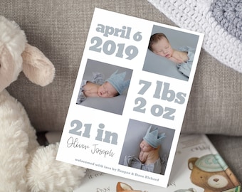 May include: A baby announcement card with a white background and gray text. The card features four photos of a newborn baby, along with the baby's name, birthdate, weight, and length. The text reads "April 6, 2019", "Oliver Joseph", "7 lbs 2 oz", and "21 in".