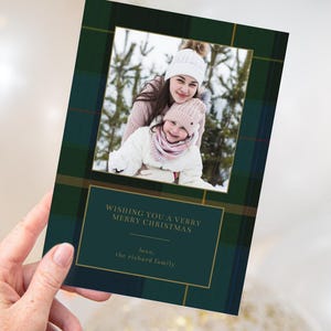 Groene geruite kerstkaart met Schotse ruit en foto | Afdrukbare directe download | Bewerkbare sjabloon