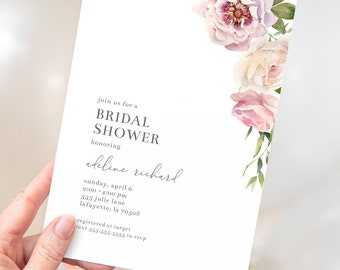 Schlichte Florale Braut Shower Einladungen | Aquarell Blumen | Druckbare Instant Download | Editierbare Vorlage